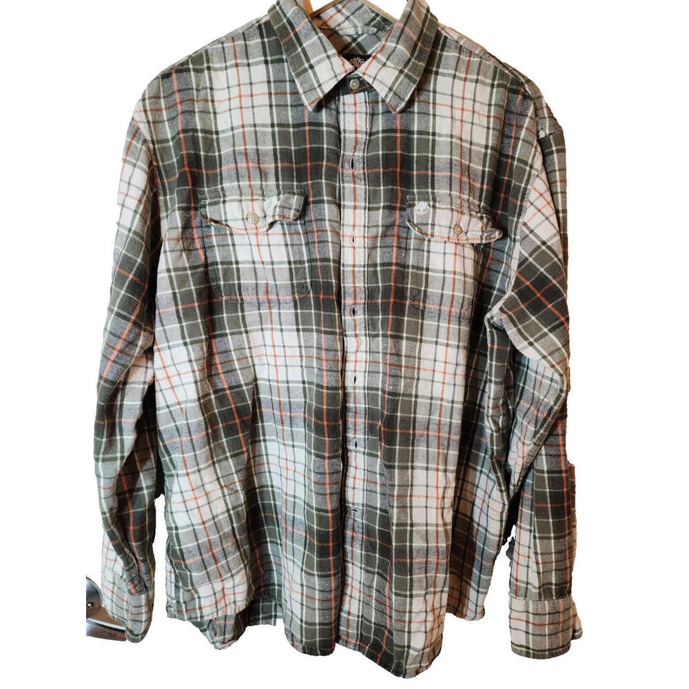Timberland Flannel Shirt Men Size XL Button Up Long Sleeve Sage and Beige Plaid